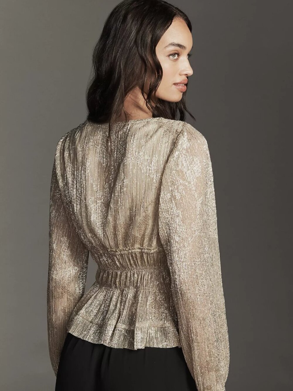 Anthropologie Metallic Smocked Long-Sleeve Shirt, Gold, XXS